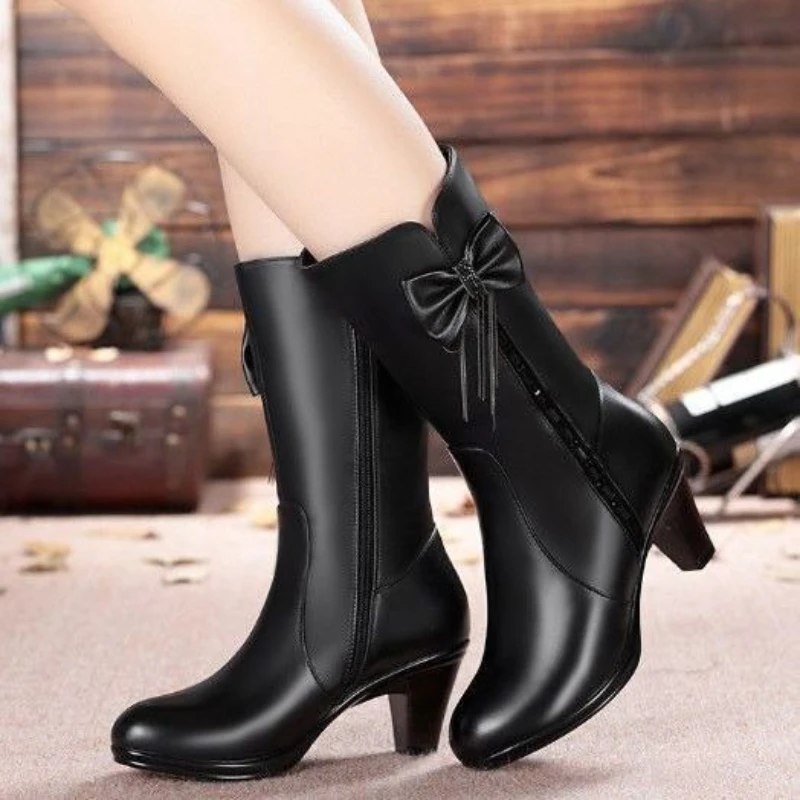 

Fleece-Lined Middle Heel Half High Boots for Women New Rock Gyaru in Gothic Mid Calf Shoes Woman Designer Luxury Work Footwear