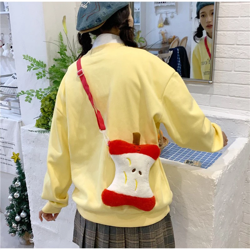 Rucksack und Umhängetasche, süße, niedliche, apfelförmige, leichte Kawaii-Handtasche aus Plüsch für Damen, Schultasche für Mädchen, Tagesrucksack – Detail 17