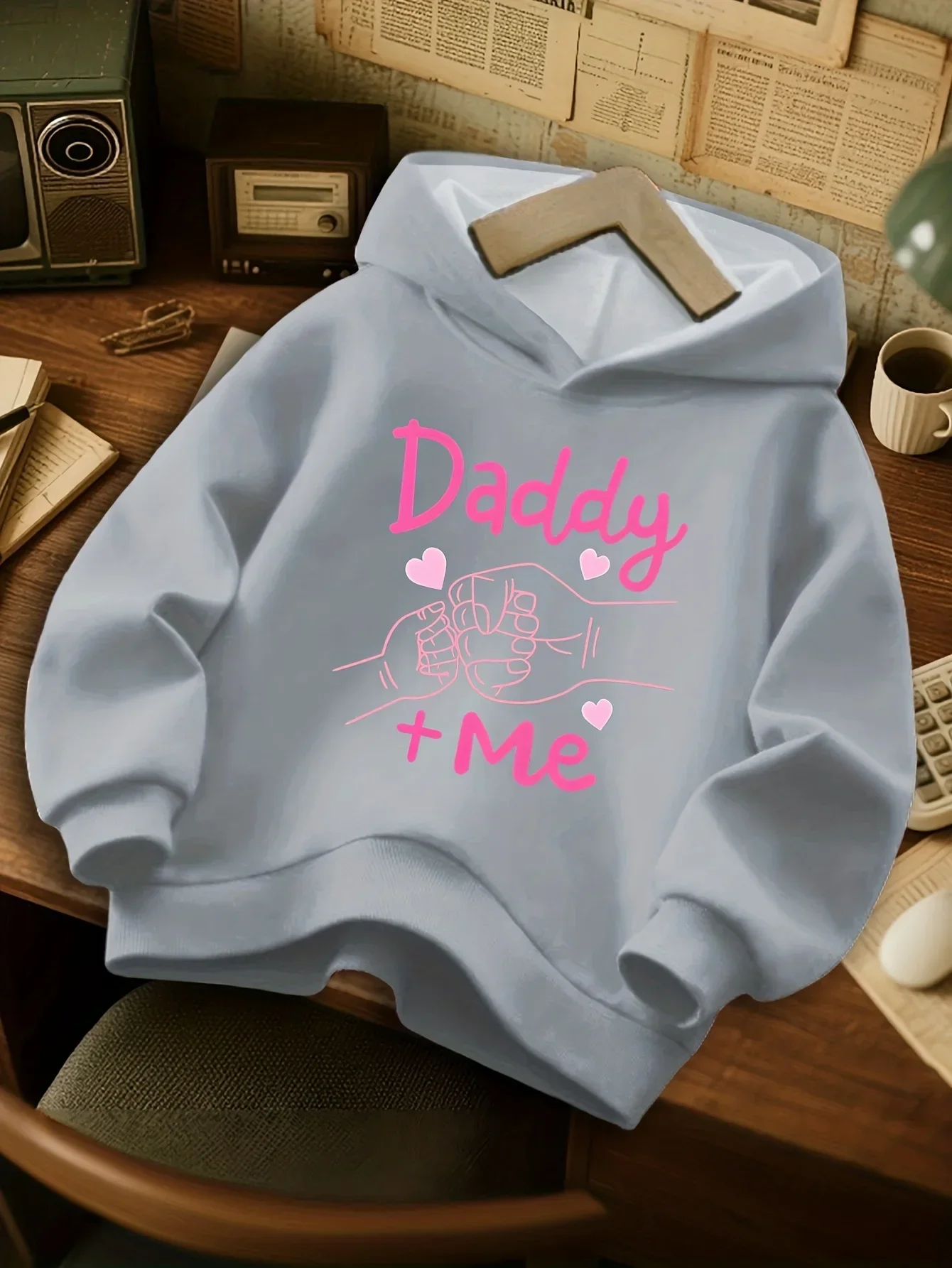 Trendy Casual Kids Hoodie Autumn Winter Fleece Sweatshirt Boys Girls Daddy Plus Me Handshake Print Hooded Pullover