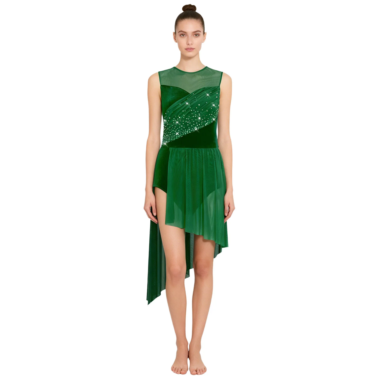 

Women Modern Lyrical Dance Dress Sleeveless Shiny Rhinestone Sheer Mesh Leotard Dresses for Skating Gymnastics Acrobatics Ballet