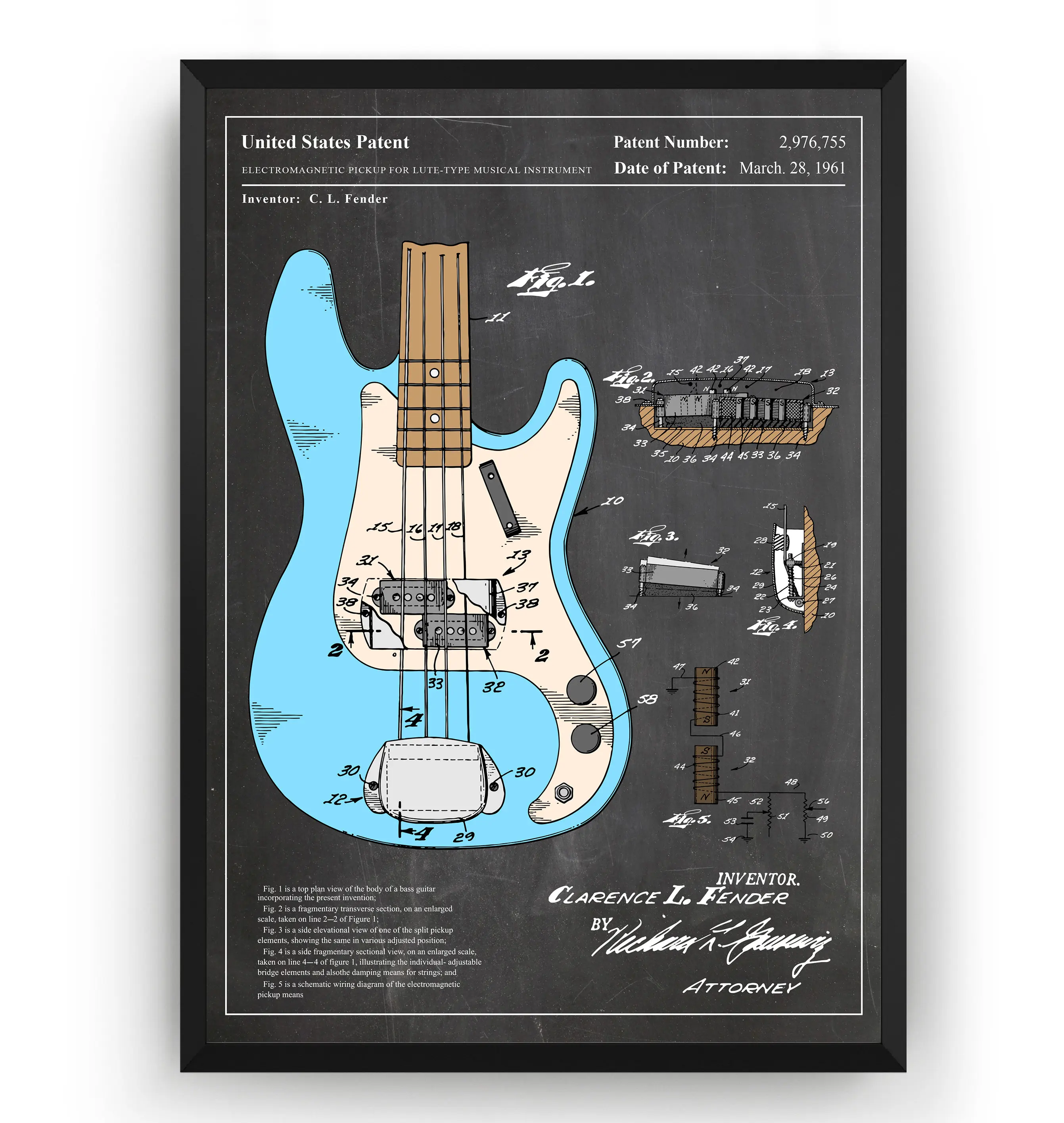 Precision Bass Guitar 1961 Colourised Patent Poster Print Wall Art Pictures Canvas Painting Living Room Bedroom Home Decor Gift