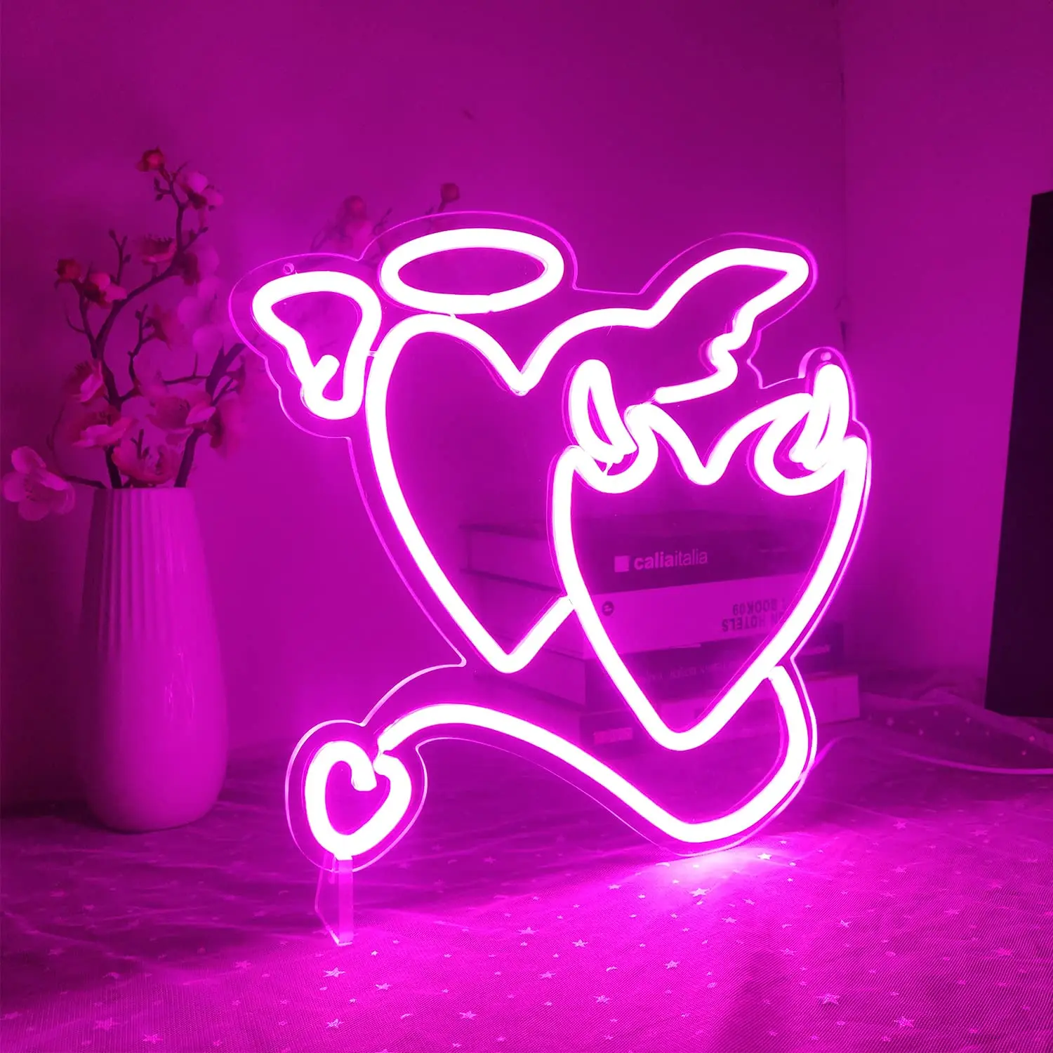 Angel Devil Neon Signs Pink Heart Led Sign for Bedroom Love Neon Sign Wedding Neon Light Sign for Wall Decor Bar Room Girl Gift