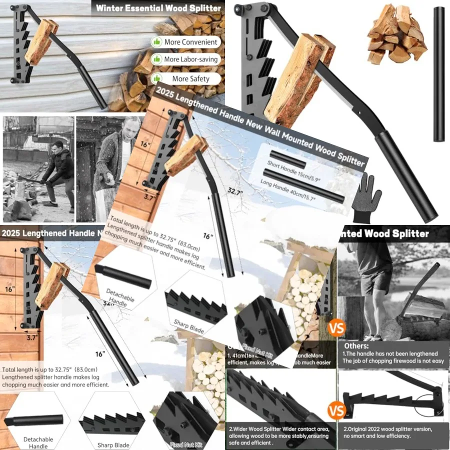

Wall Mounted Wood Splitter for Indoor or Outdoor Use Carbon Steel with Natural Wood Handle Black and Brown Lengthened Dual-Hand