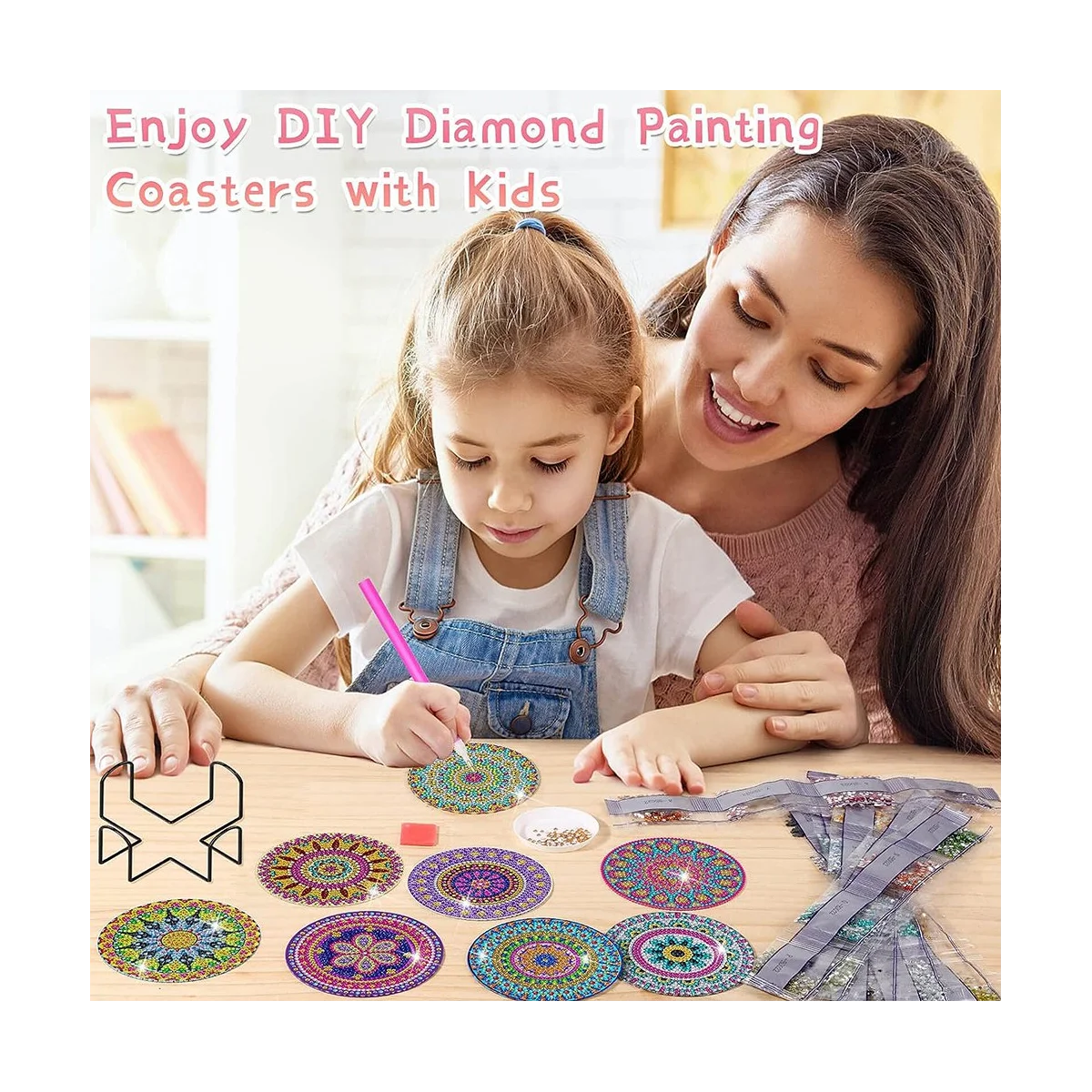 6 Pieces Coasters with Holder, DIY Diamond Art Coasters for Beginners, Kids and Adults Art Craft Supplies Gift