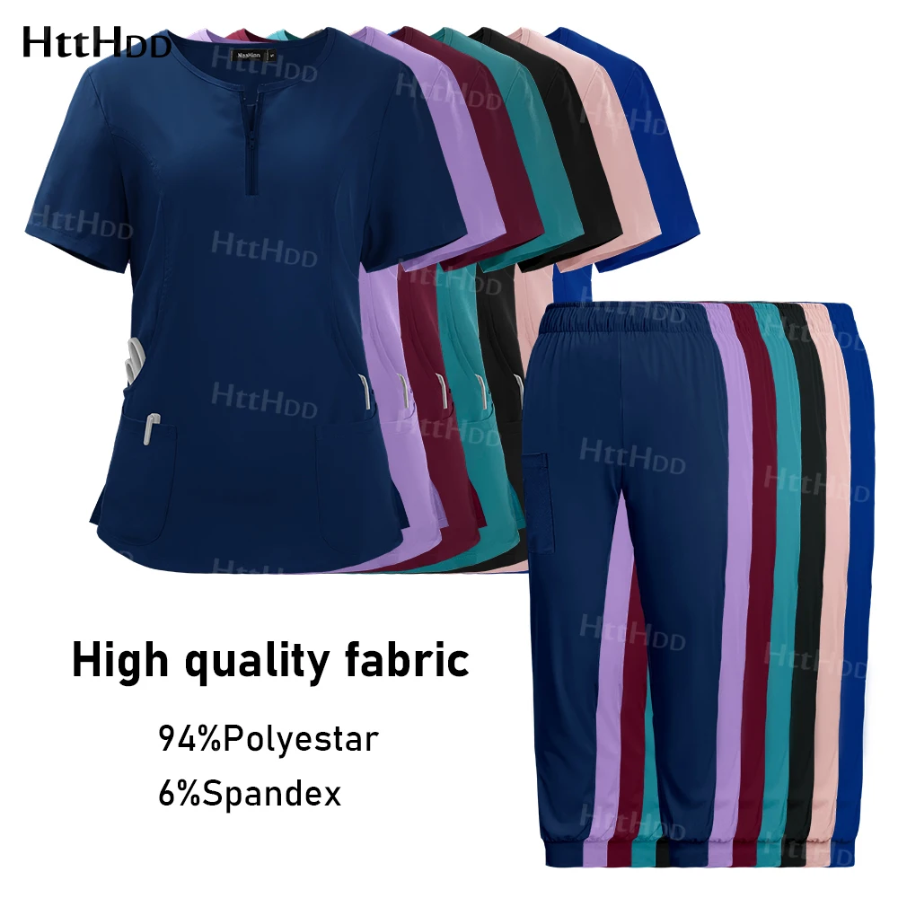 Spa Uniform Scrubs Frauen Atmungsaktive Weiche Kurzarm Top Jogger Hosen Zipper Kragen Schönheit Salon Nagel Techniker Arbeit Uniform