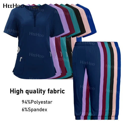 Uniforme de Spa para mujer, Top de manga corta suave y transpirable, pantalones con cremallera, cuello, salón de belleza, uniforme de trabajo para técnico de uñas
