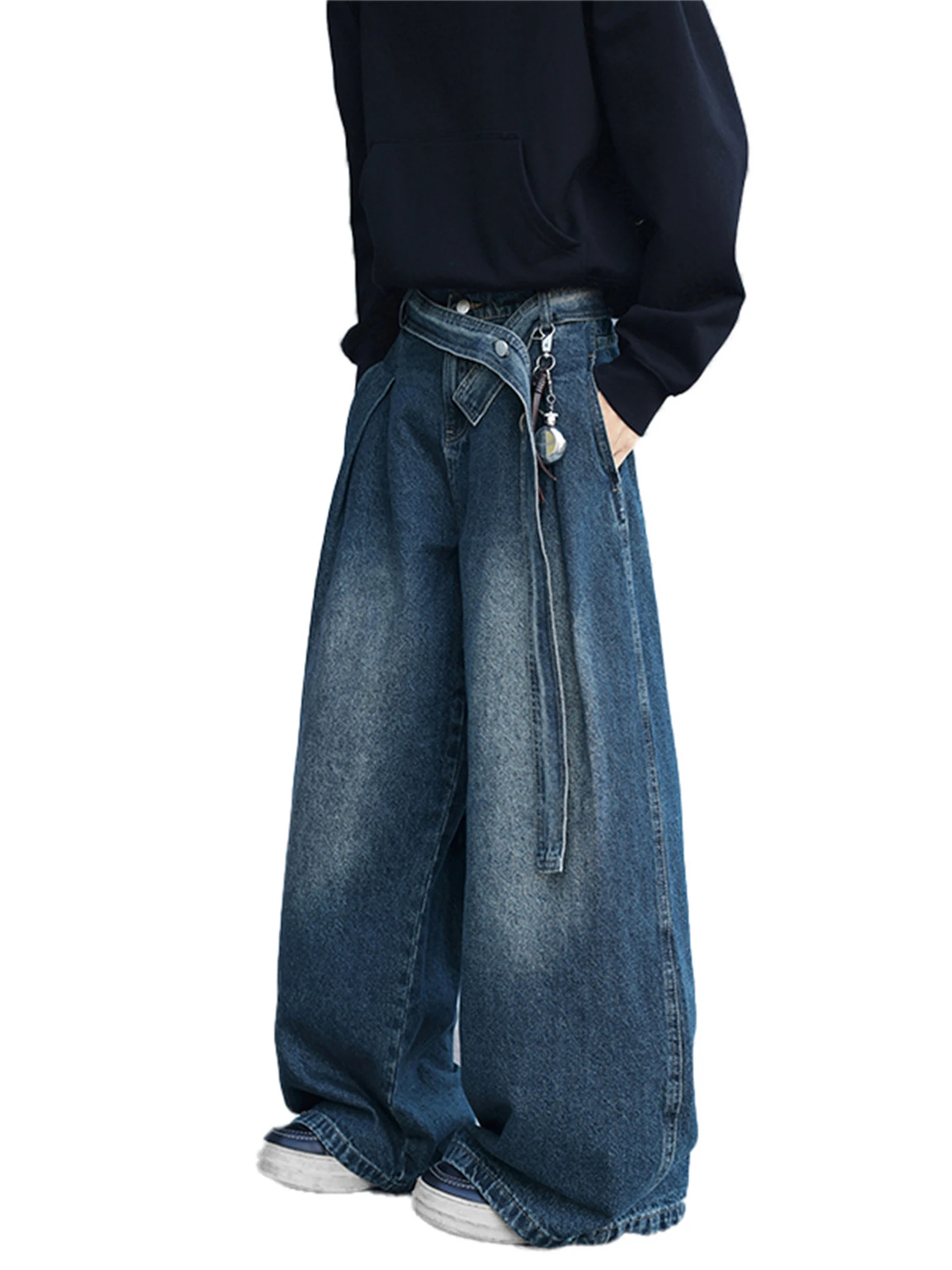 Women's Blue Gradient Wash Oversized Wide Leg Denim Jeans Waist Strap Detail Baggy Vintage Streetwear Ladies Pants