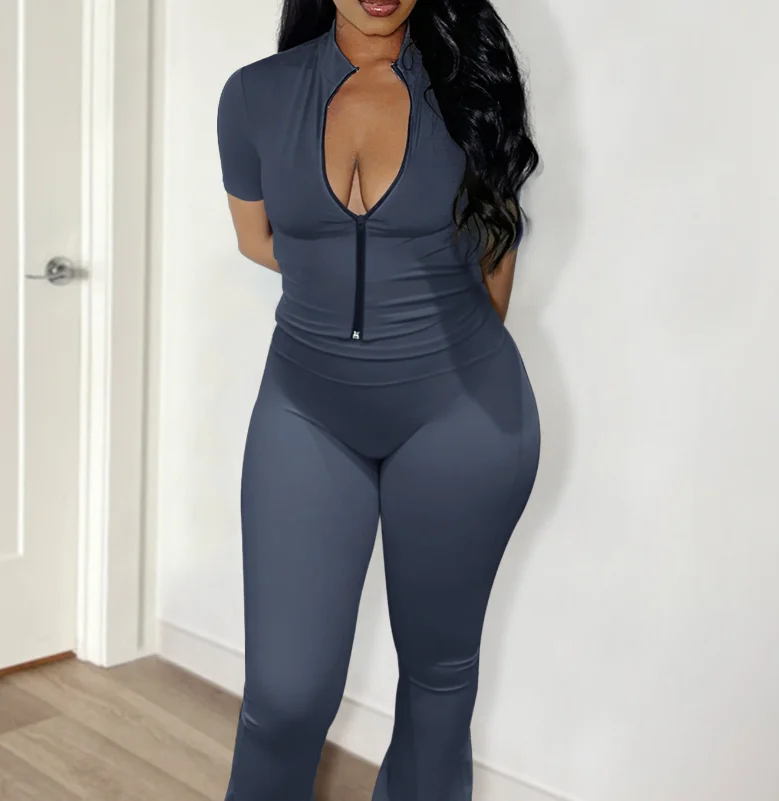 

Summer European and American Street Solid Color Zipper Short Cardigan Top High Waist Slimming Pants Yoga Set Two Piece Set