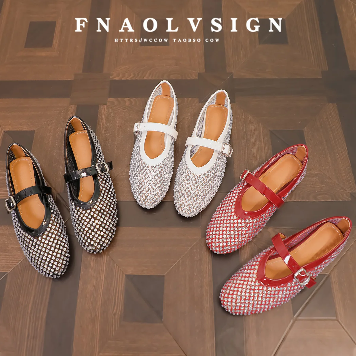 

Woman Sandals Designer Rivet Mesh Mary Jane Shoes Women Luxury Crystal Rhinestone Fishnet Flat Shoes Woman Plus Size Sandals