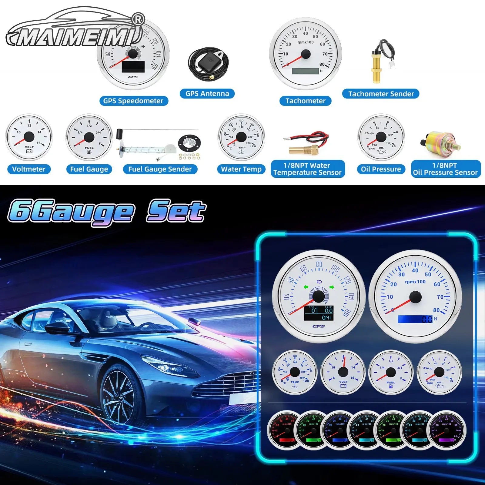 7 Color LED 6 PCS Gauge Set GPS Speedometer Tachometer Voltmeter Water Temp Fuel Level Meter For Boat Yacht Vehicle With Sensor