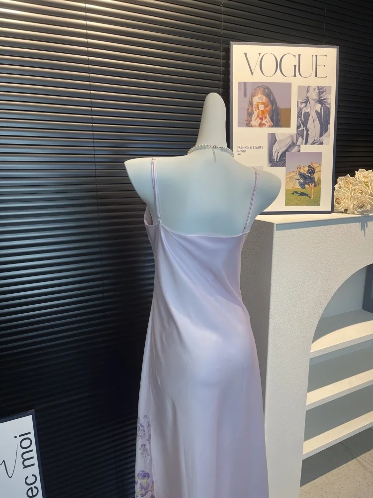 DAIMELU lavender fairy fluttering nightdress women's summer sexy sleepwear long dress ice silk simple nightgown lady pajamas