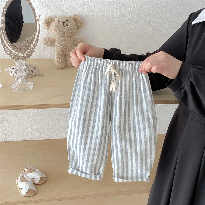 Summer Baby Mosquito Pants Men's and Women's Striped Strap Casual Pants Loose and Comfortable Children's Thin Hemp Cotton Pants 6