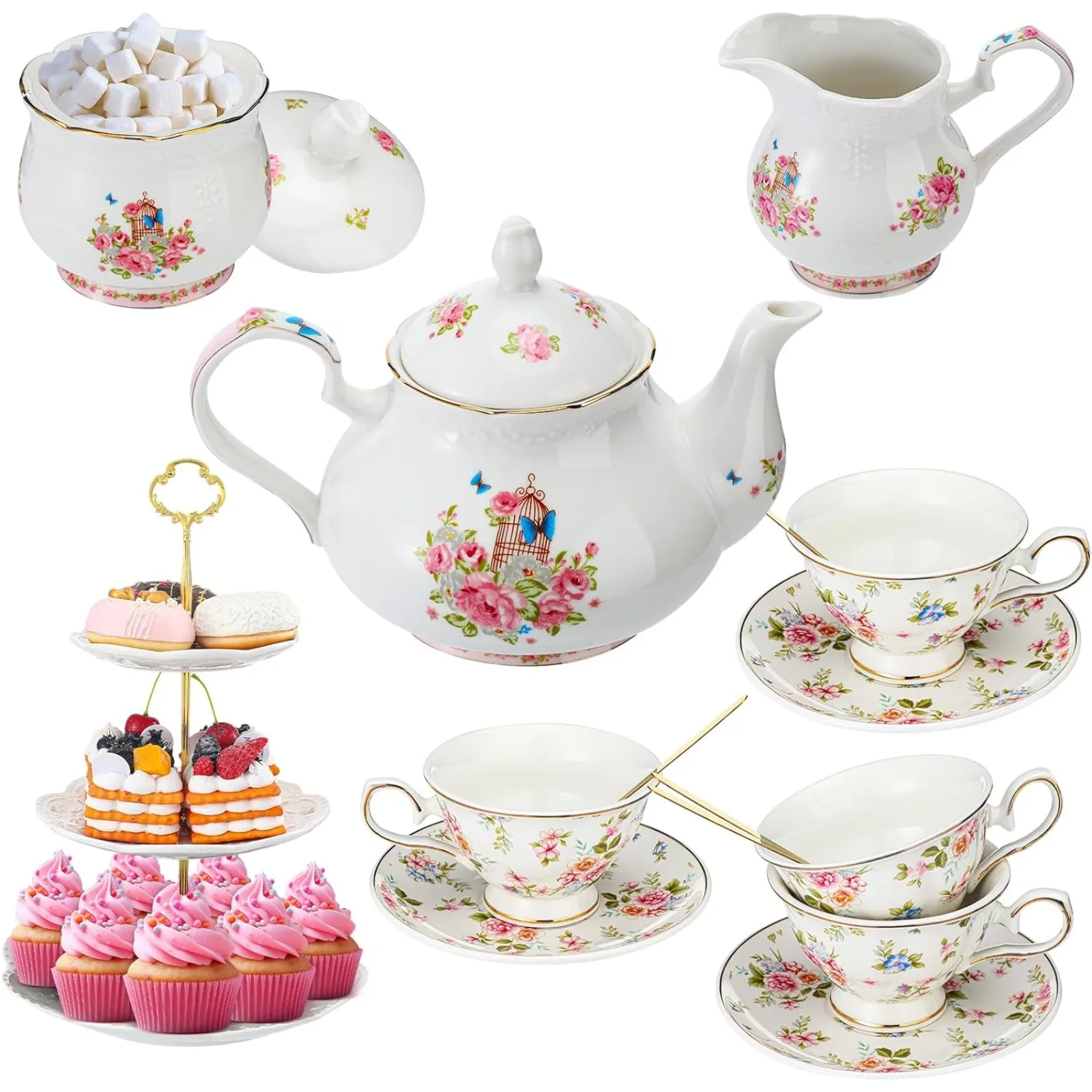 

US 16 Pcs Porcelain Tea Party Set Floral Ceramic Coffee Gift Sets with 3 Tier Cupcake Stand Tea Cup Teapot Set Party Favor