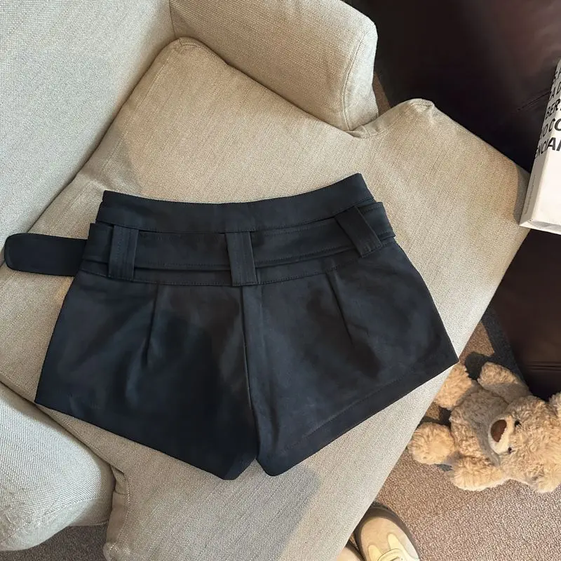 Short en peau de daim pour femme, pantalon taille haute, ligne a, décontracté, jambes larges, avec ceinture, costume, tendance, automne et hiver