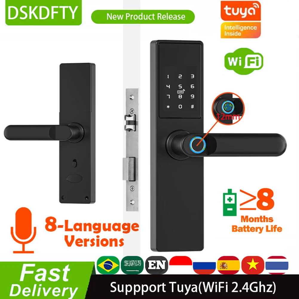 

Tuya Fingerprint Security Handle Lock with Password Wifi Biometric Electronic Door Lock Anti Peeping APP Control Electronic Lock