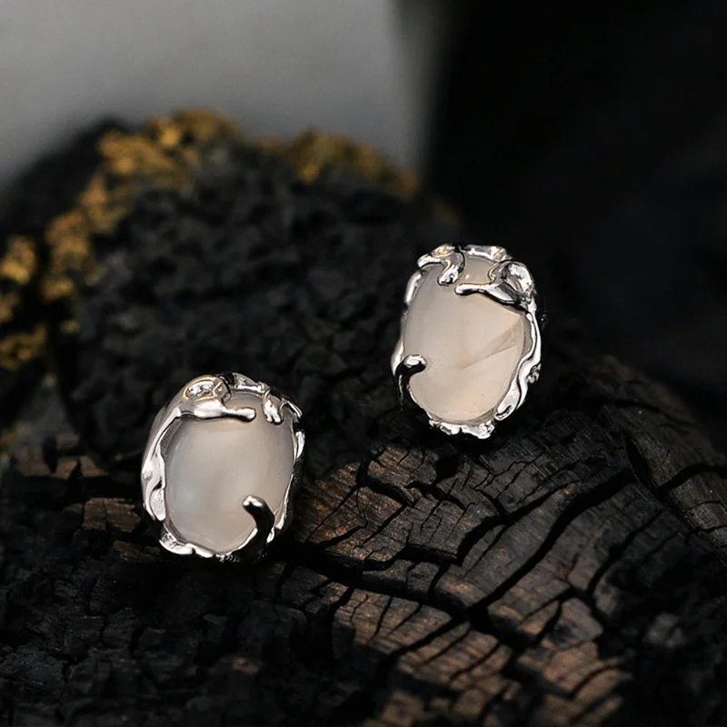 S'STEEL 925 Sterling Silver Individualized White Agate Stud Earing Gifts For Women Trending Products 2023 Dainty Party Jewelry