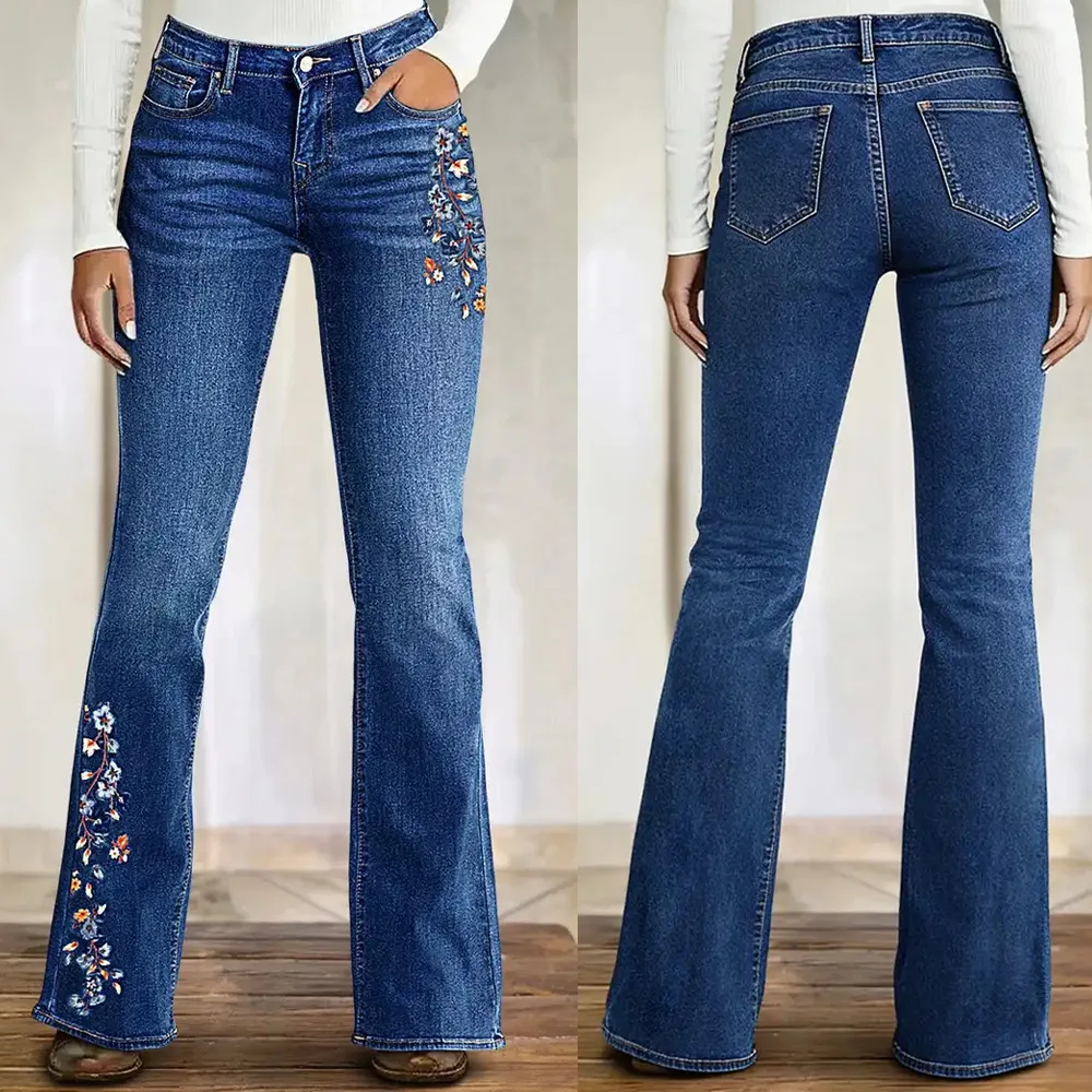 

2026 Spring Summer New Women Slim Fit Retro Floral Embroidered Bootcut Denim Pants High Waist Elastic Flare Pants