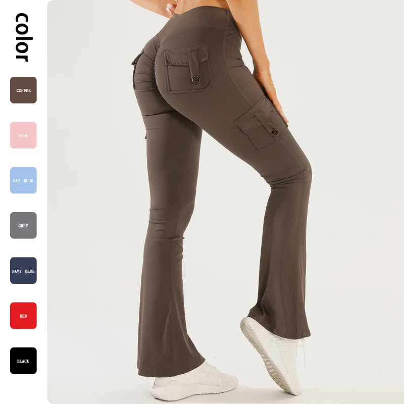 

High Waist Pocket Yoga Pants Workwear Bell-Bottom Pants Sports Women'S Raise Peach Fitness Pants