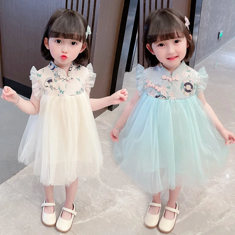 

Embroidered children's dress brand 2022 new style girl's mesh long dress summer baby's short-sleeved Chinese style dress cheap