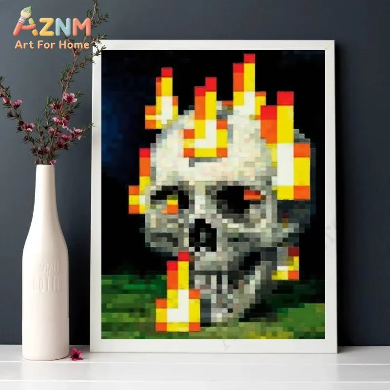 AZNM 1pcs Vibrant Pixel Skull & Flames Canvas Poster - Unframed Art Print for Bedroom, Office, Living Room Decor, Skull Decor