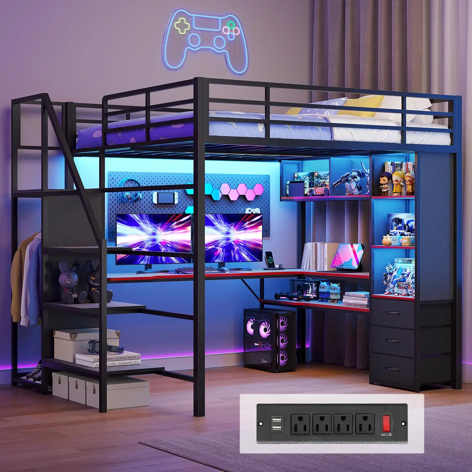 Full Size Gaming Loft Bed with Desk, Storage Stairs, Carbon Fiber Black, Customized