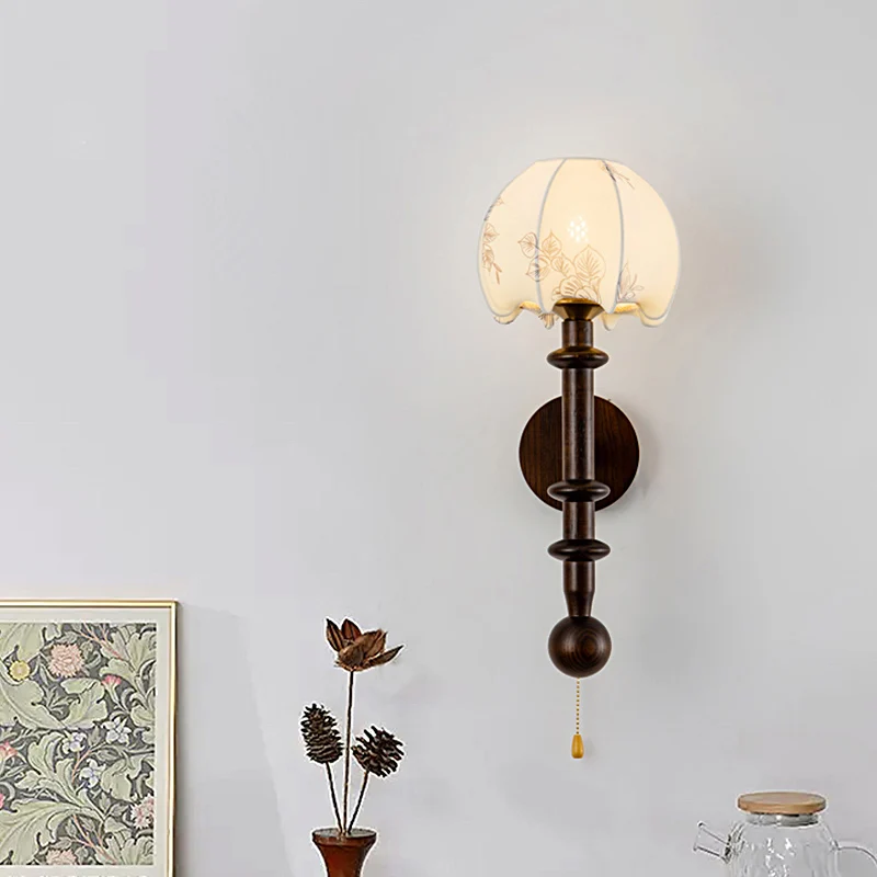 2026 Medieval Style Bedside Solid Wood Wall Lamp French Retro Fabric Printing Living Room Background Cable Switch Bedroom Lighti