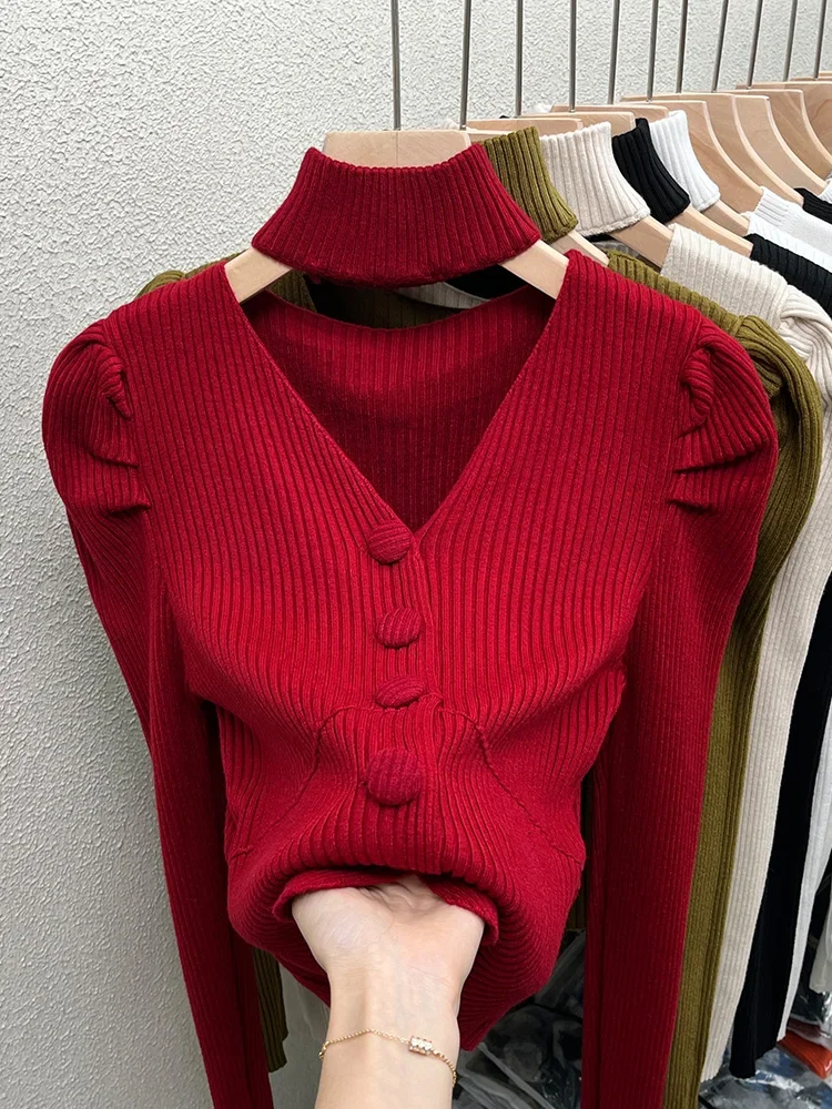 

Red Sweater Knitted Sweater Women's Inner Layering Shirt with Unique Unique V-neck Halter Top Design for Autumn and Winter V71