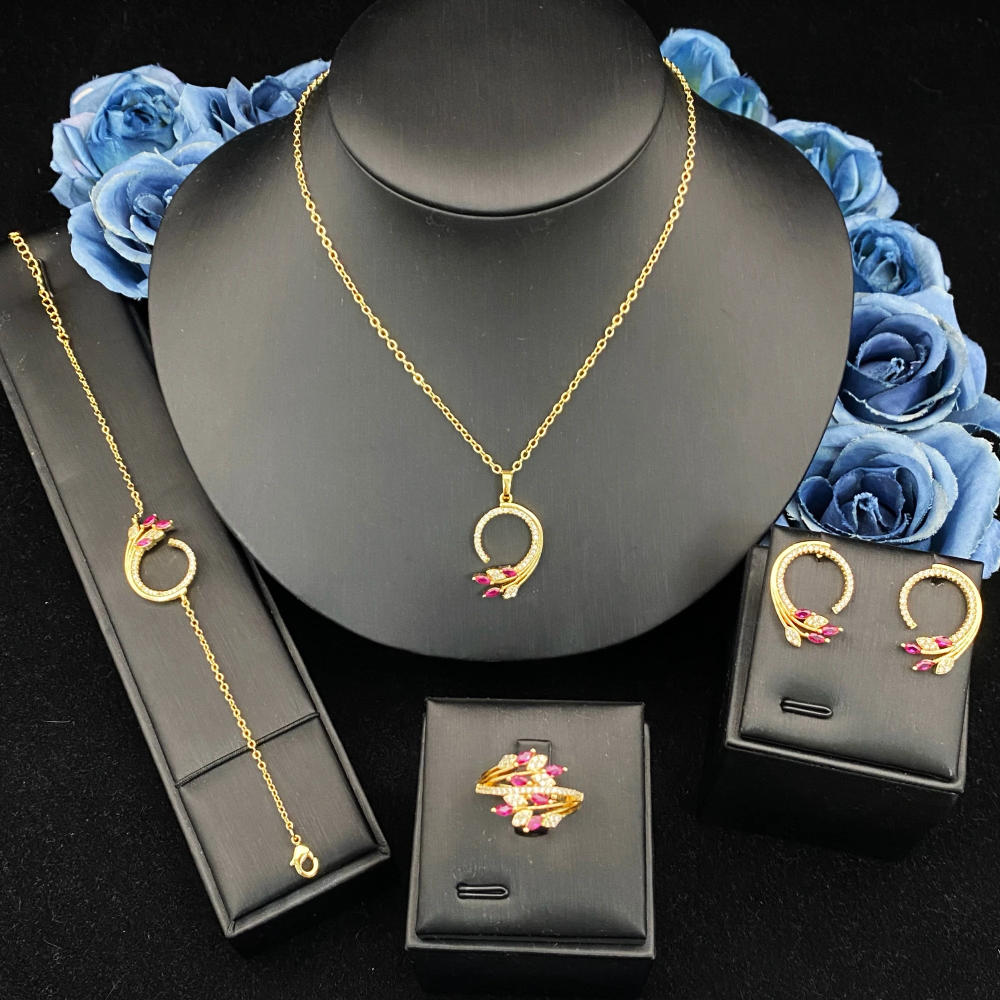 

Модный блестящий ювелирный набор JRH для вечеринок: позолоченное медное ожерелье, серьги, кольцо, браслет (4 предмета) для женщин