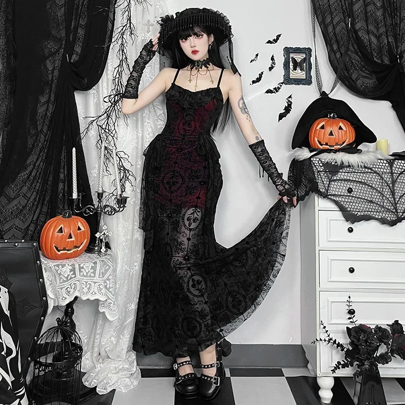 2024 new model, Halloween, dark wind, sexy, lotus leaf, flocking, waist, strap-on dress for women