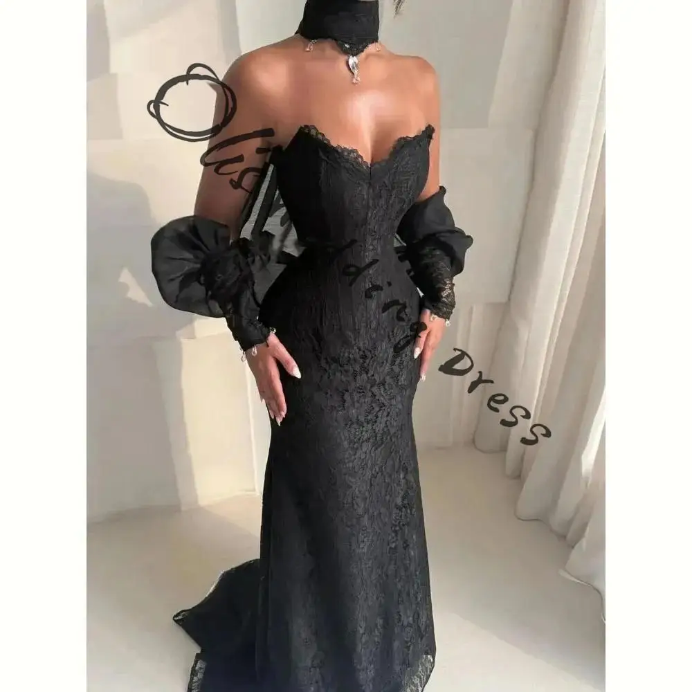 

customized Wedding Party Dresses Elegant Black Lace Formal Occasion Halter Bubble Sleeve Sheath Sexy Cocktail Dress for Women