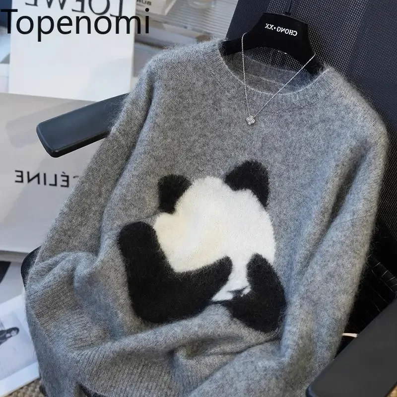 Topenomi Cute Panda Jacquard Knitted Pullover Women Autumn Winter O Neck Loose Sweater Fashion Street Long Sleeve Jumper Tops