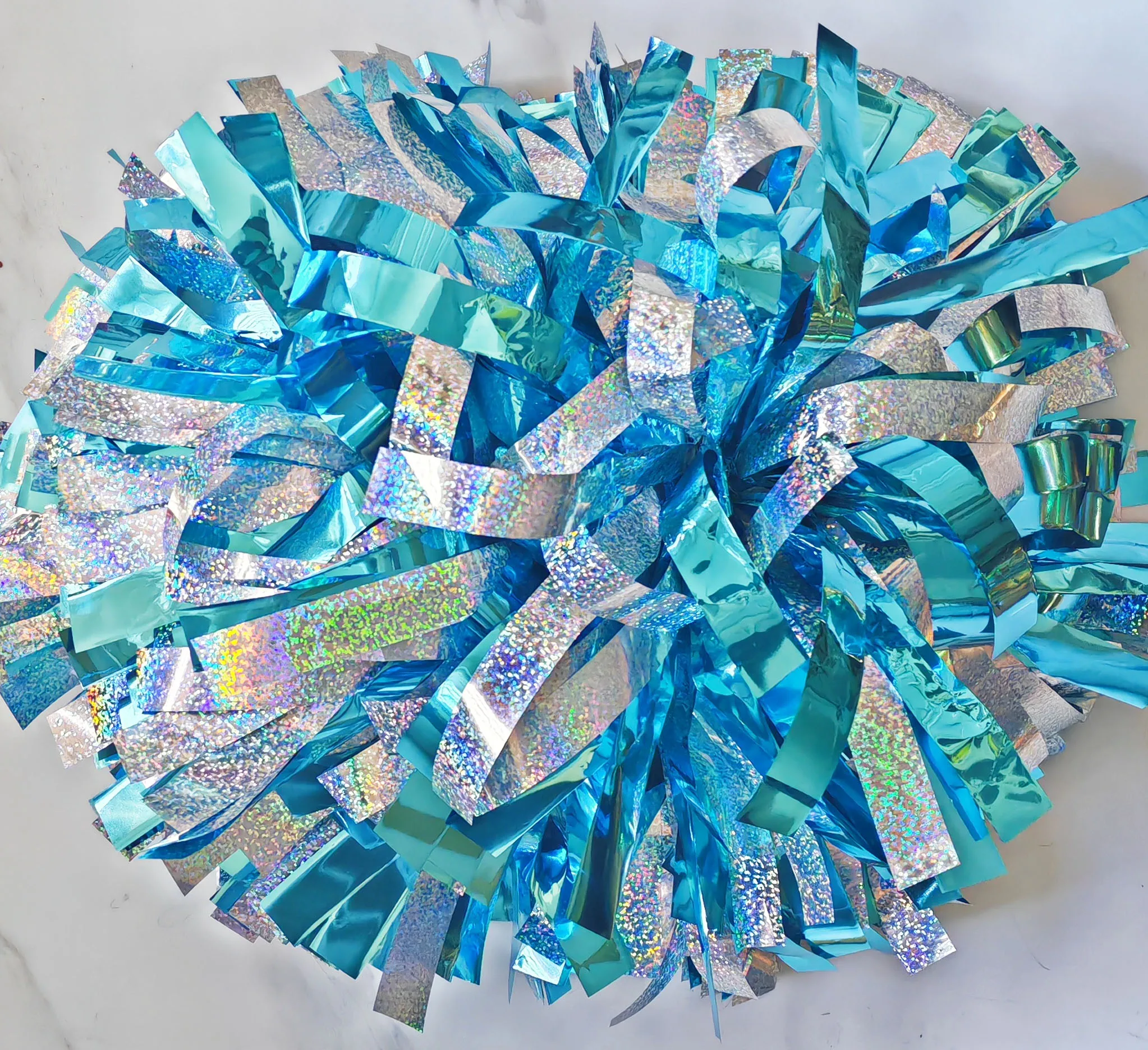 

Custom Cheerleader Pom Pom ,Metallic holographic silver mix sky blue, Custom Size , Baton Handle, 1 Piece