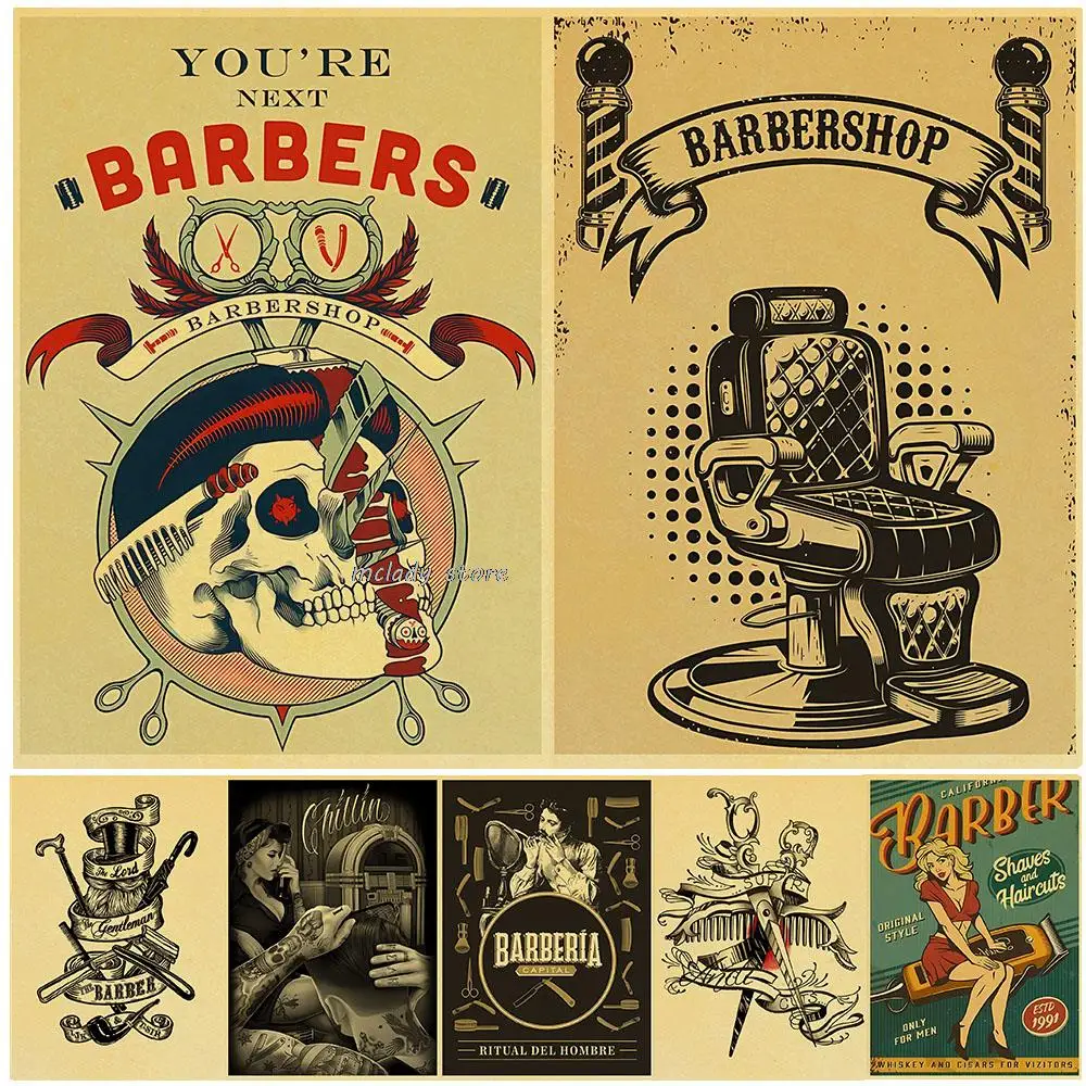 Tattoos Barber Shop Poster Retro Kraft Paper Prints Vintage Poster Wall Art Painting Study Home Living Room Decoration Picture