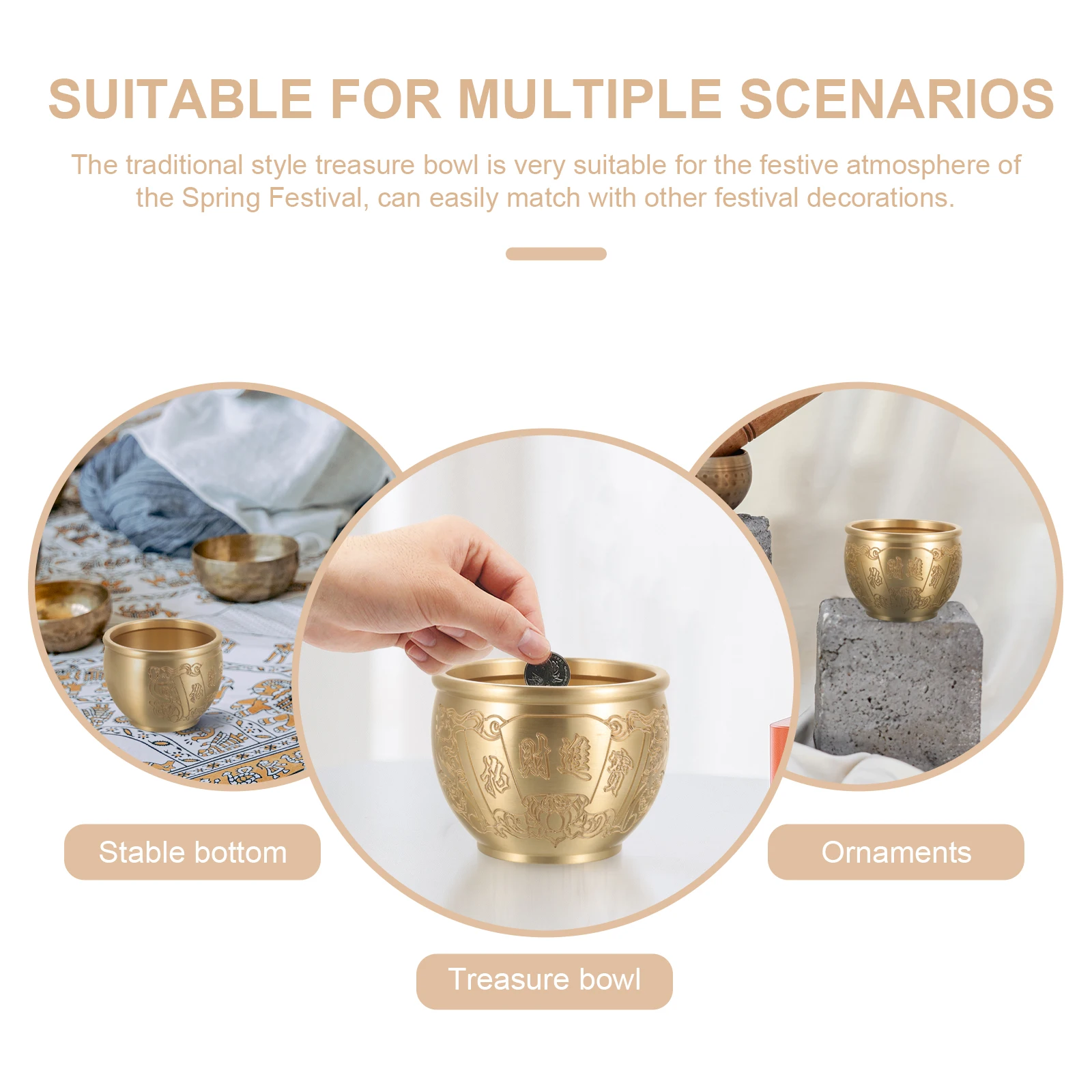 

Brass Treasure Bowl Chinese Fortune Basin Desktop Decoration Golden Offering Bowl Traditional Style Festive Decor Home nament