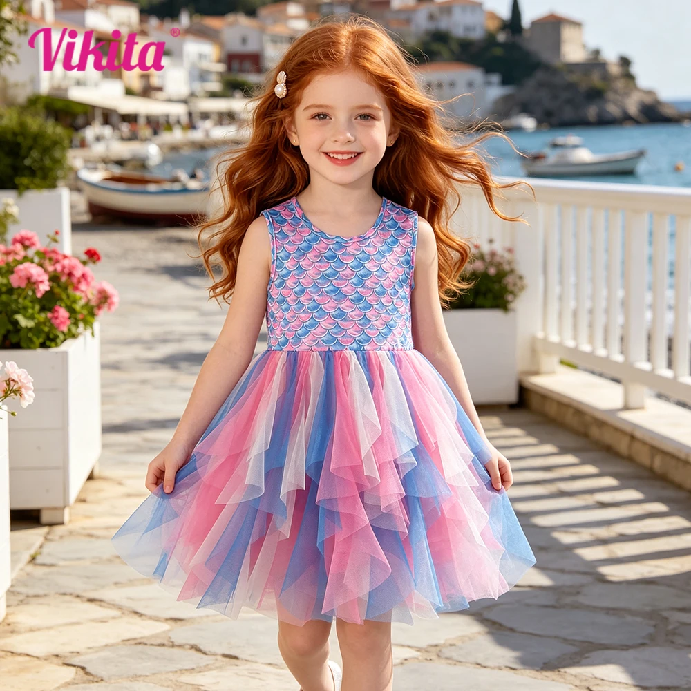 VIKITA Mädchen-Tutu-Kleid mit Meerjungfrauen-Print, ärmellos, für den Sommer, unregelmäßiger Tüll, Polyester, bunt, Prinzessin, Party, Urlaub, Vestidos