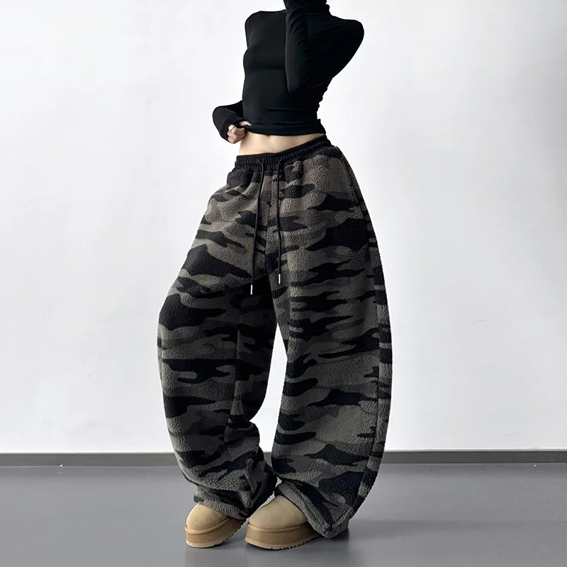High Waist Camo Pants Women Loose Fit Wide Leg Drawstring Winter Warm Streetwear Casual New Hot Fashion Cozy Soft Trousers