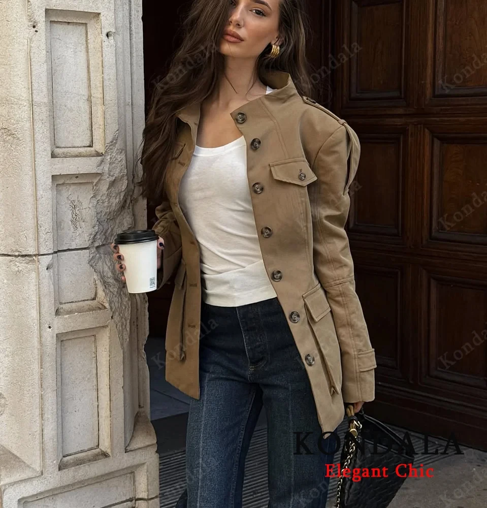 

Standing Collar Buttons Jackets Women Slim Cinch Waist Jackets Vintage Elegant Tops 2025 Fall High Street Commute Lady Jacket