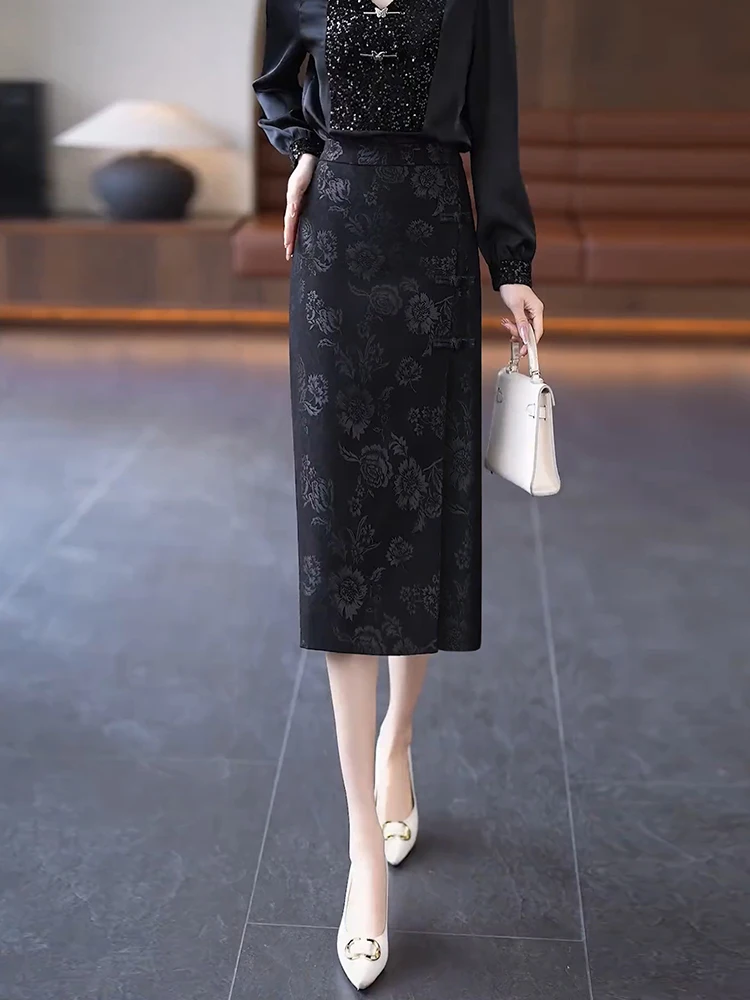 

Black High-Waist Slit Midi Skirt Women's Spring Autumn New Chinese Style A-Line Skirt Commute Korean Style Polyester Fiber