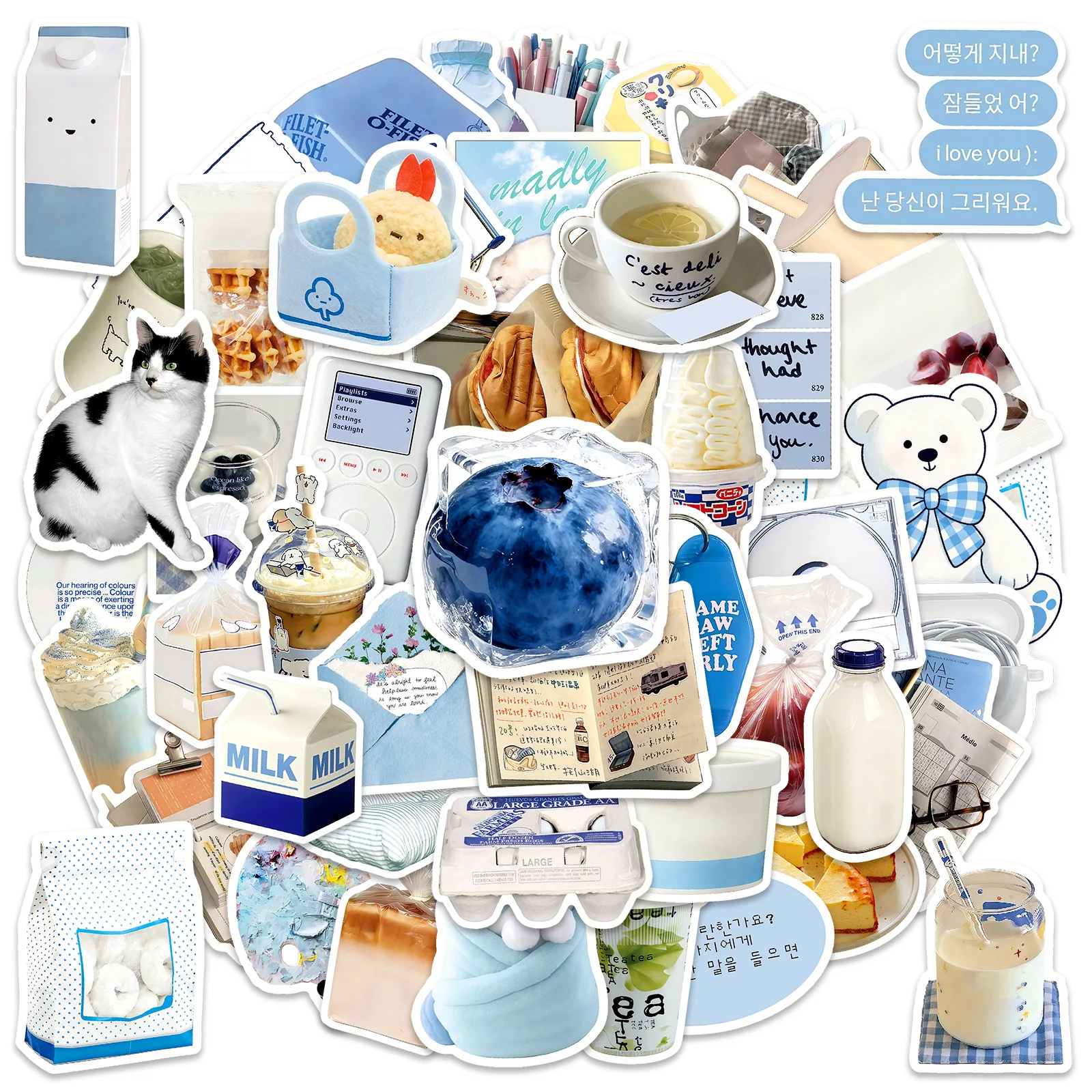 

50Pcs Kawaii INS Style Blue Fresh Aesthetic Stickers Cartoon Milk Bread Sticker DIY Fridge Suitcase Phone Decals