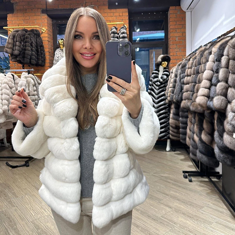 

Rabbit Fur Coat Women Rex Rabbit Fur Coat Winter Warm White Real Fur Coat High Quality Best Selling