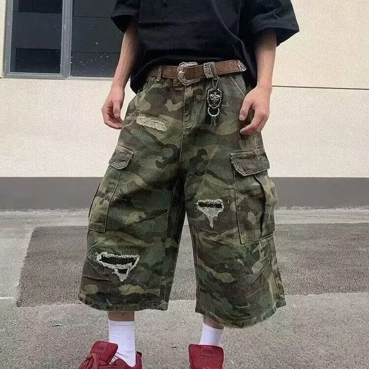 2026 Mens  Denim Shorts Distressed Straight Leg Casual Seven Inch Shorts Y2K Streetwear Vintage Loose Fit Summer Fashi