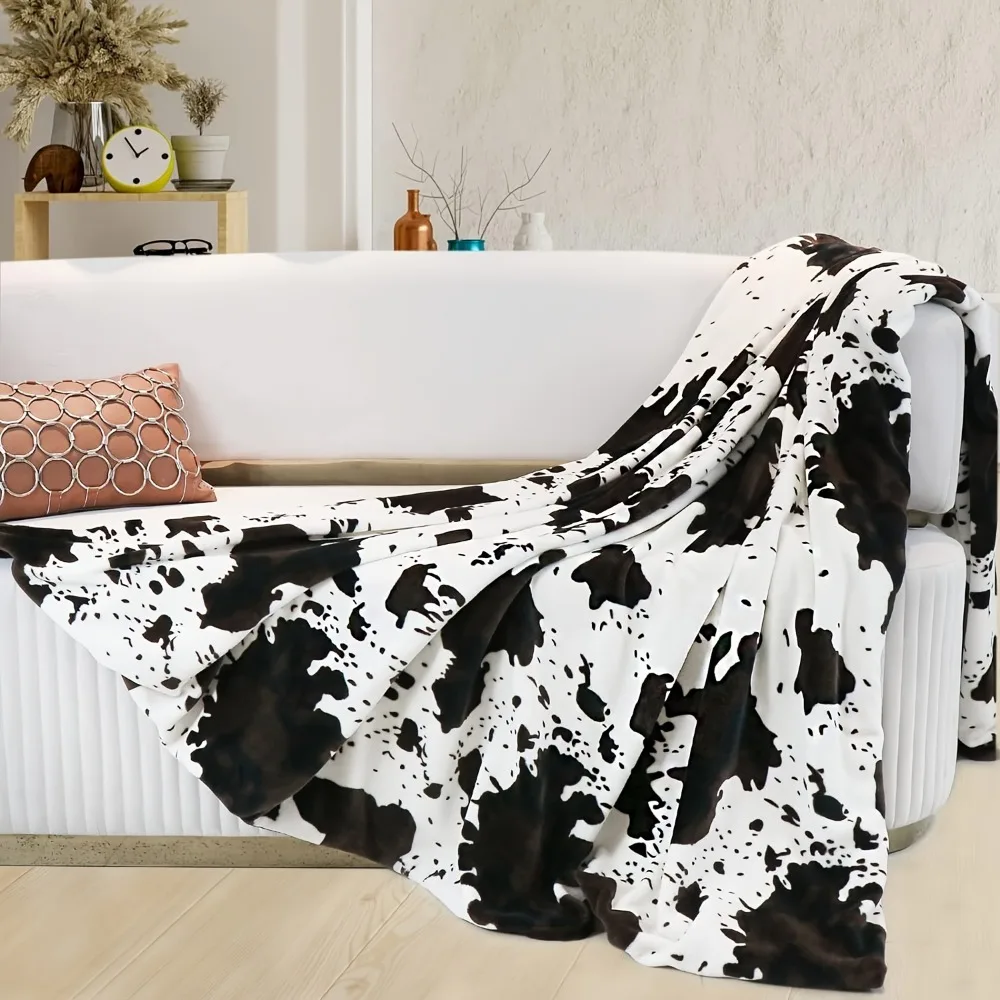 1pc White Brown Blanket Cow Spots Printed Skin-friendly Warm Flannel Blanket for Home Living Room Decor New Year Christmas Gift