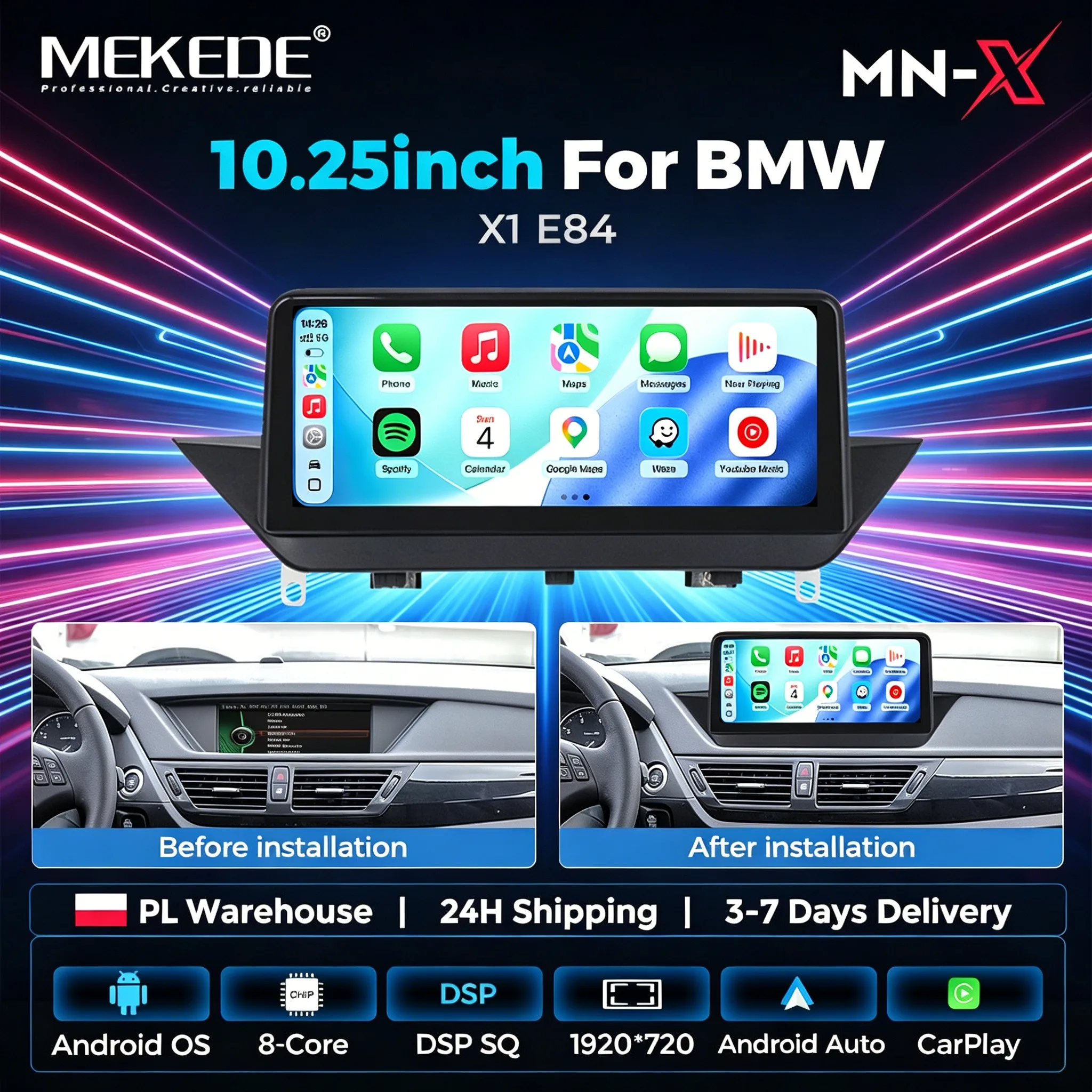 MEKEDE & NAVIFLY Écran CarPlay sans fil 10,25 pouces 1920*720 8 cœurs Android Auto Système multimédia automobile intelligent pour BMW X1 E84 CIC Autoradio WIFI 4G LTE DSP Lecteur vidéo multimédia Autoradio GPS Navigation Tout-en-un
