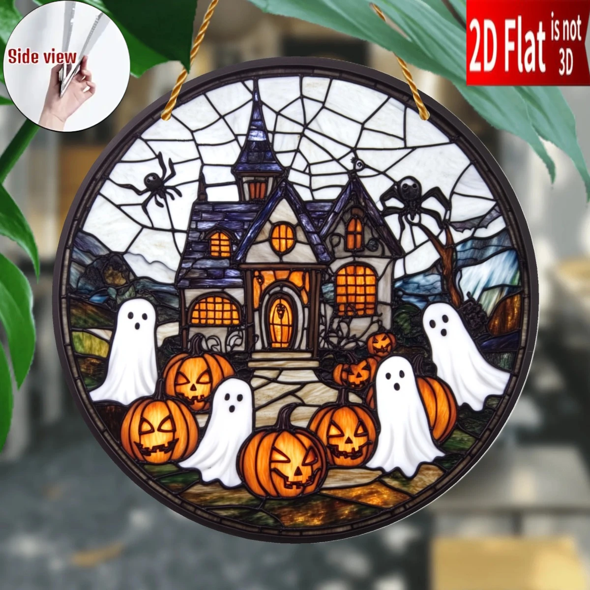 Round Acrylic Hanging Sign, Stained Glass Haunted House Ghost Pumpkin Suncatcher, Window Wall Hanging Decor, Halloween Home Holiday Gift