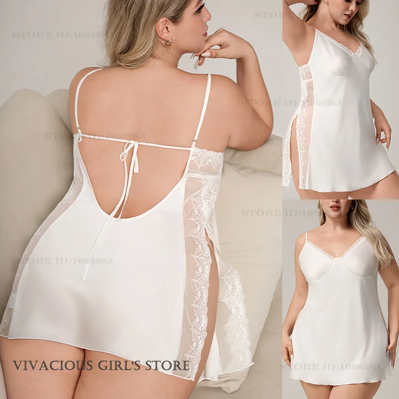 

Sexy Lingerie Women Suspender Nightgown Chemise Sleepwear Patchwork Lace Split Night Dress Sleepwear Plus Size Ice Silk Homewear