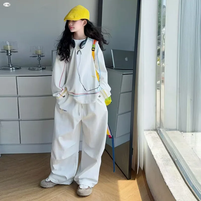 

Streetwear Child Boys & Girls Cotton Hoodie White Sweatshirt with Star Print Casual Pants Two-Piece Hip Hop Teenage Suit