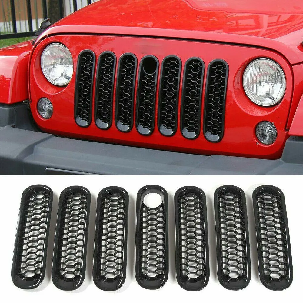 Front Grill Mesh Inserts Kit Honeycomb Clip-in Grille Guard Mesh Grille with Lock Hole for Jeep Wrangler JK 2007-2017