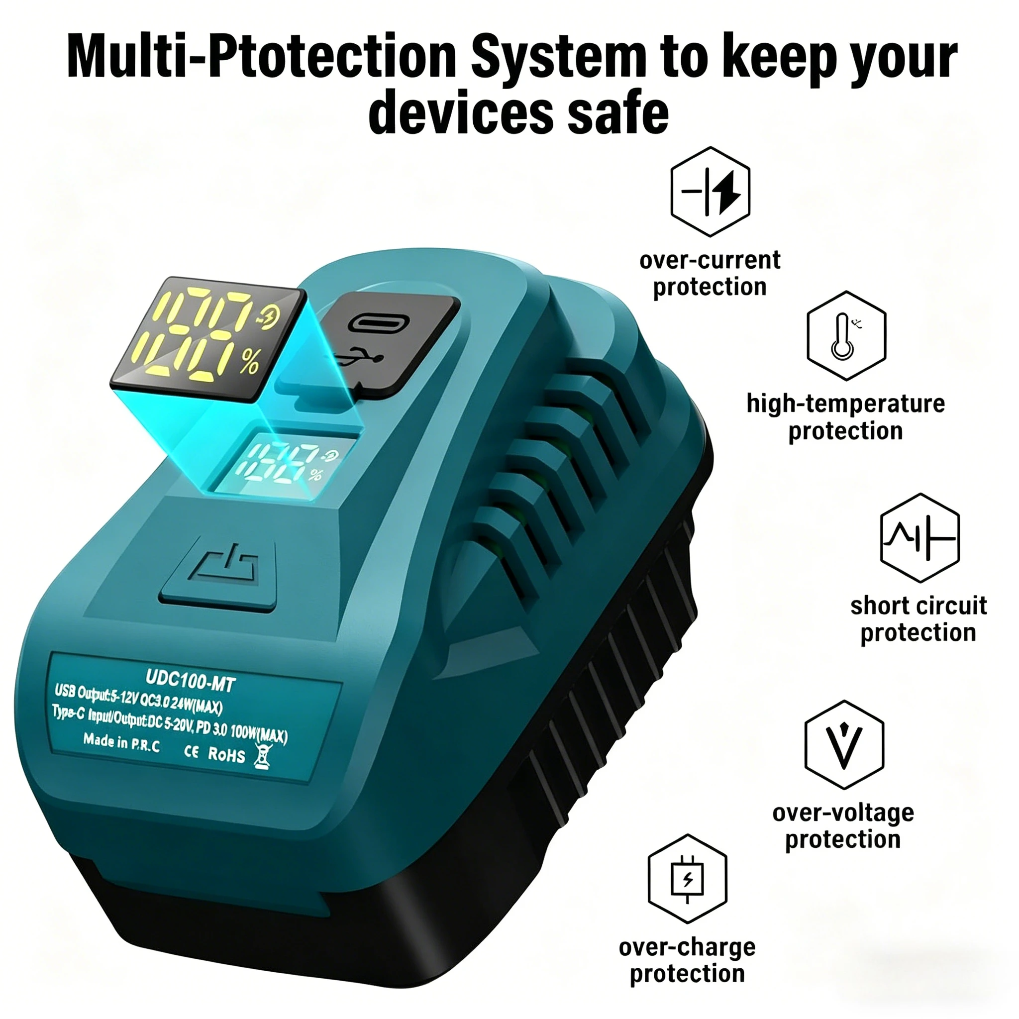 

Зарядное устройство USB 2-в-1 мощностью 100 Вт для аккумуляторов Makita 18 В Li-ion с LED-индикатором и портом USB Type-C UDC100-MT