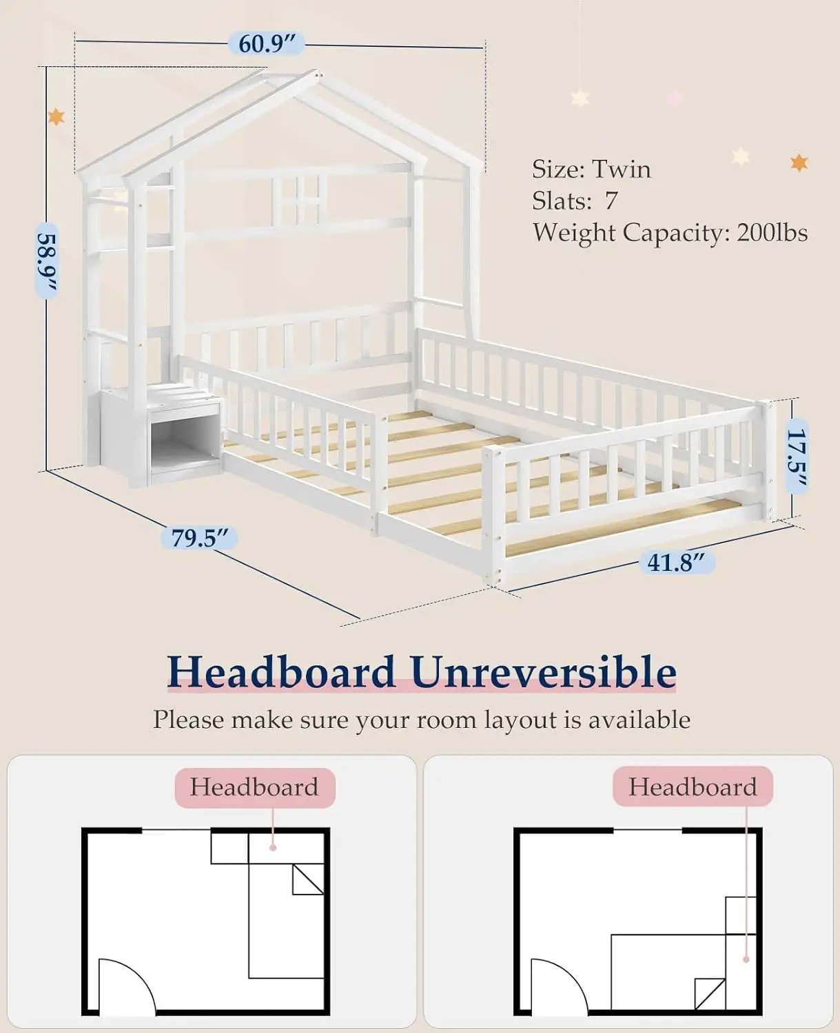 Wood House Bed Frame for Kids, Montessori Floor Bed with Rail, House Floor Bed with