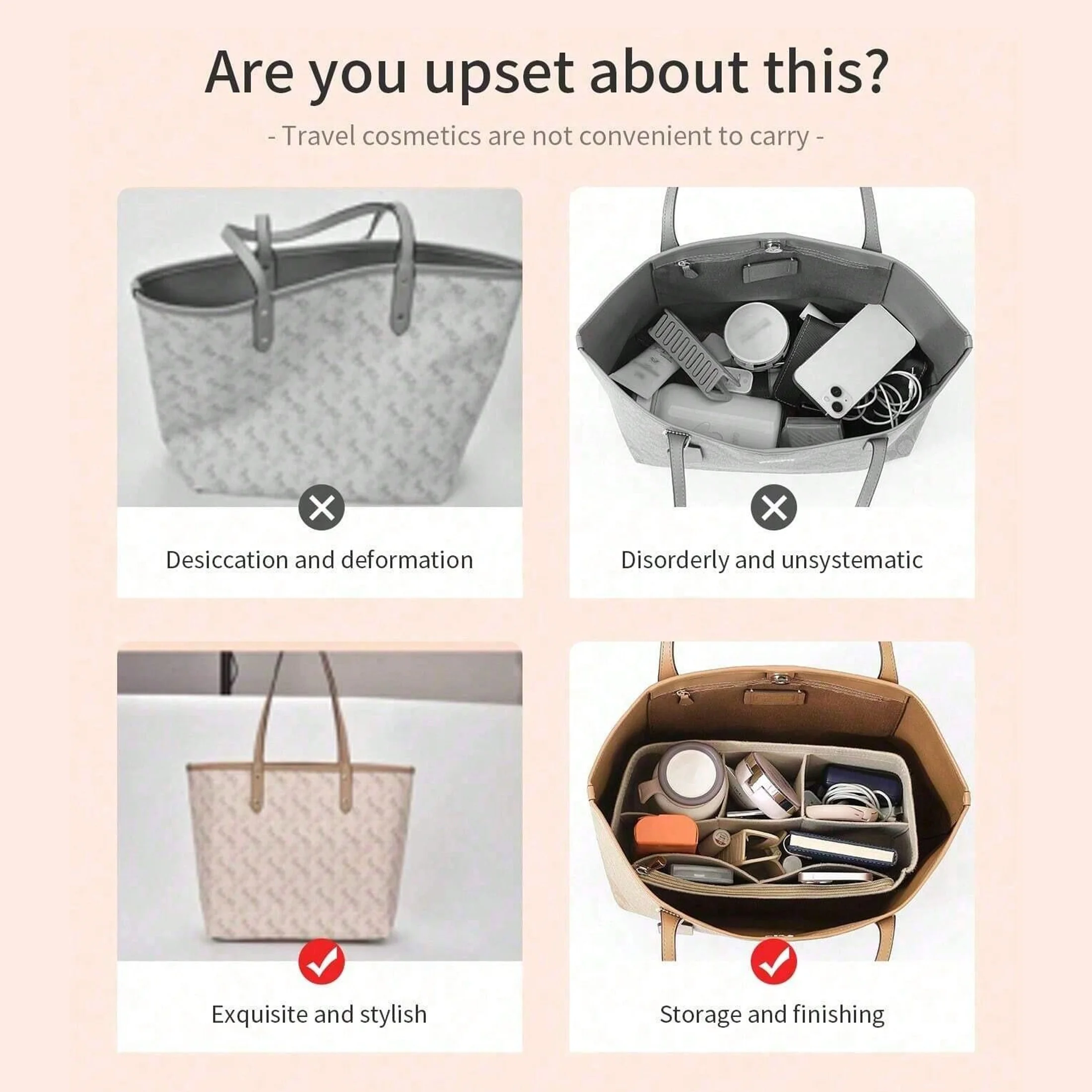 Felt Tote Bag Organizer, Inner Storage Bag with Lining, Anti-Deformation, Multi-Pocket Inner Insert for Classified Storage